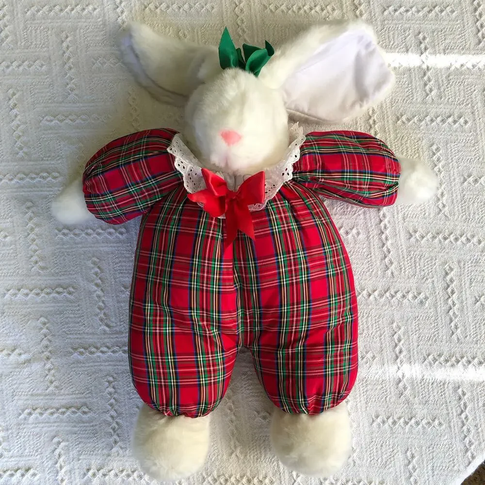 VTG L'Art de Chine Plaid Christmas Bunny Plush Holiday Decor Lg 20